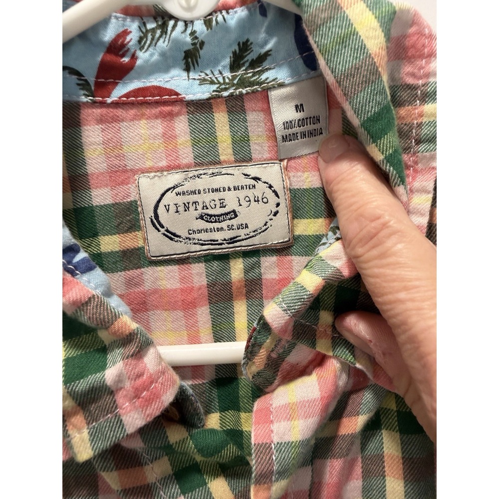 Vintage 1946 Women's Plaid Button Down Shirt M Pink Green Cotton Preppy Coastal - Picture 2 of 3